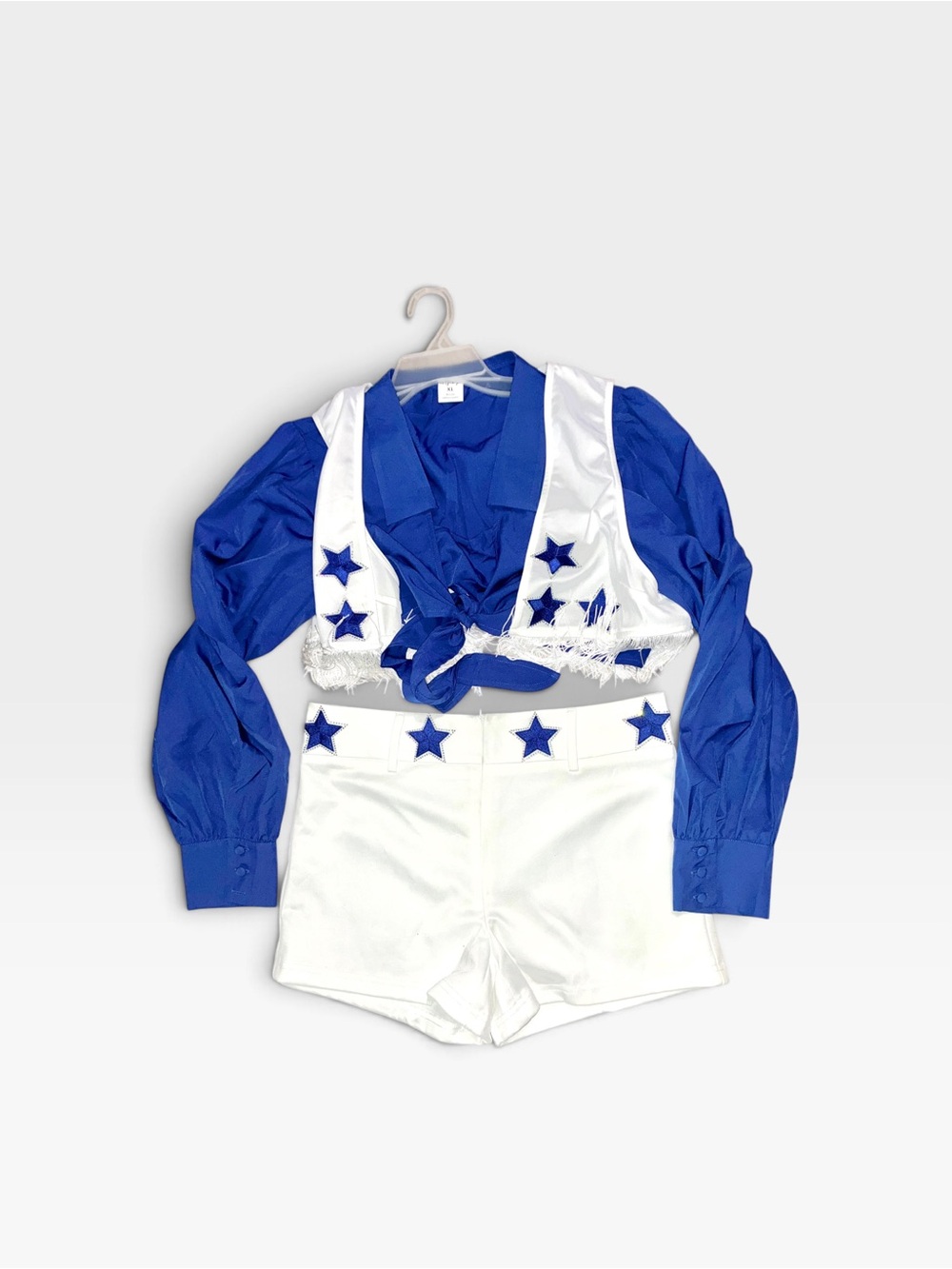 Blue Button-Front Tie Shirt with White Star Vest Detail